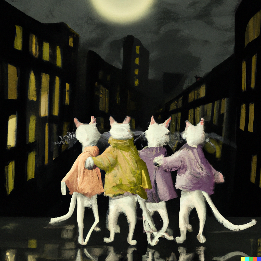DALL·E 2022-09-01 11.12.41 - three cats sharing a trenchcoat on a moonlight night dramatic lighting cityscape banksy.png 