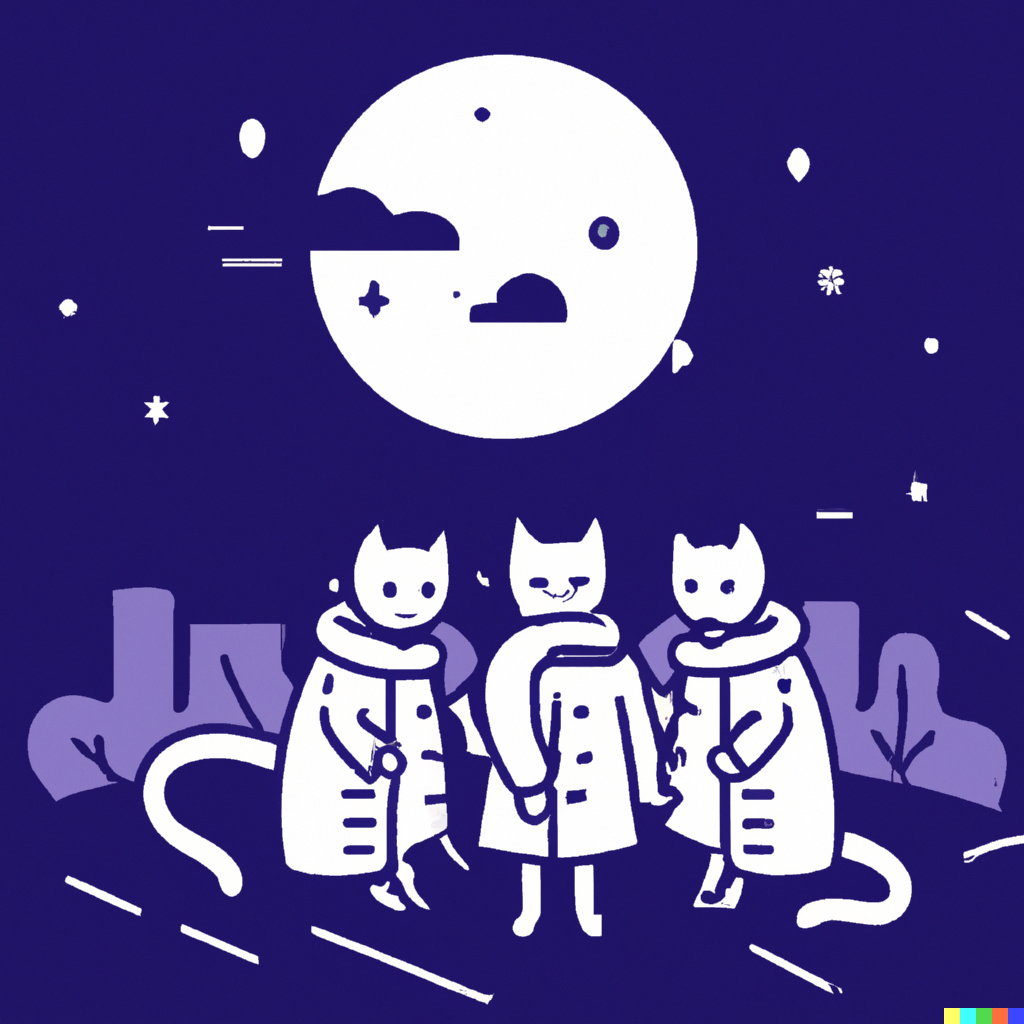 DALL·E 2022-09-01 11.12.50 - three cats sharing a trenchcoat on a moonlight night modern flat design style illustration with line elements.png 