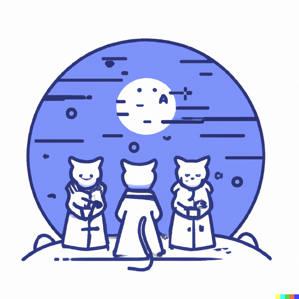 DALL·E 2022-09-01 11.12.54 - three cats sharing a trenchcoat on a moonlight night modern flat design style illustration with line elements.png 