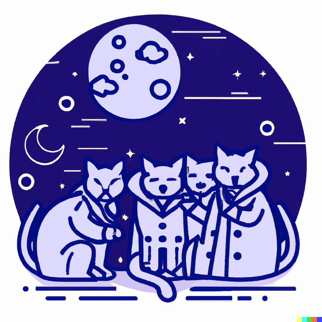 DALL·E 2022-09-01 11.12.59 - three cats sharing a trenchcoat on a moonlight night modern flat design style illustration with line elements.png 
