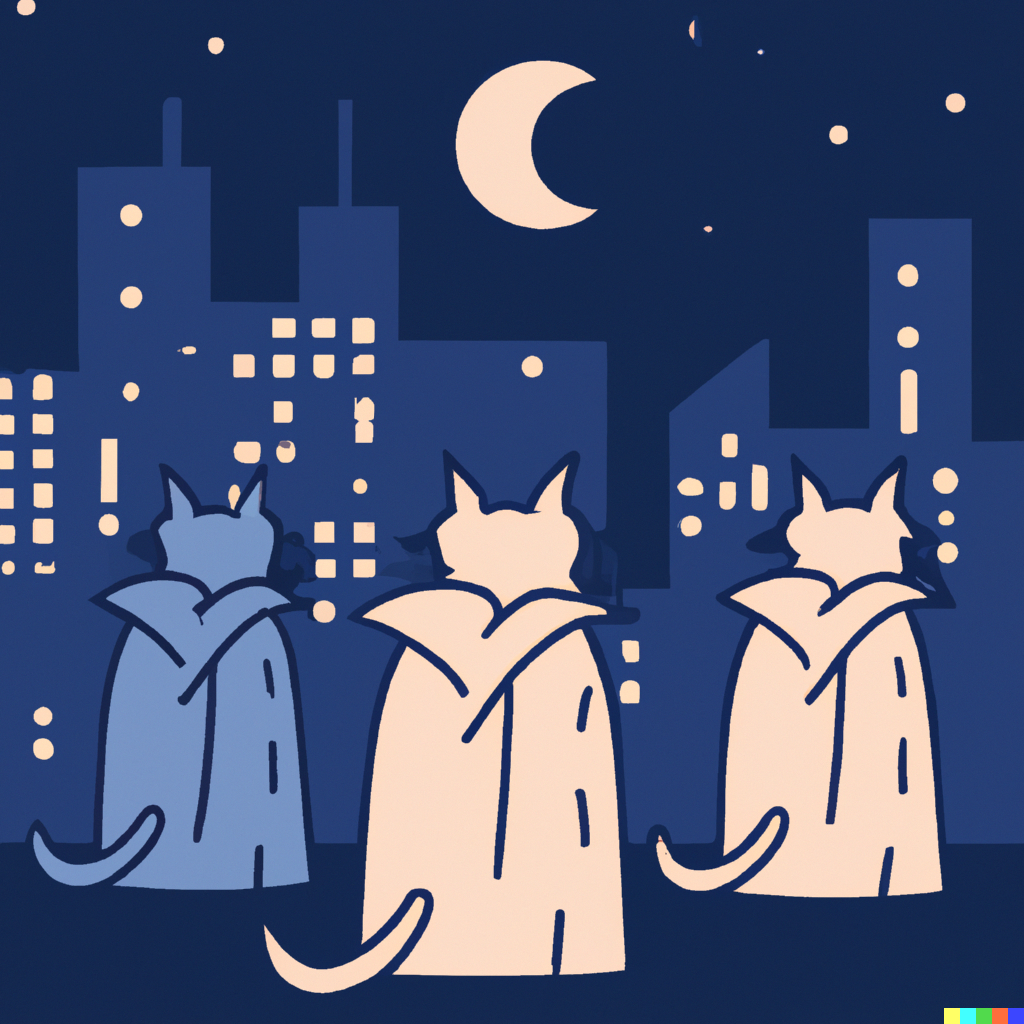 DALL·E 2022-09-01 11.13.06 - three cats in a trenchcoat on a moonlight night modern flat design style illustration with line elements.png 