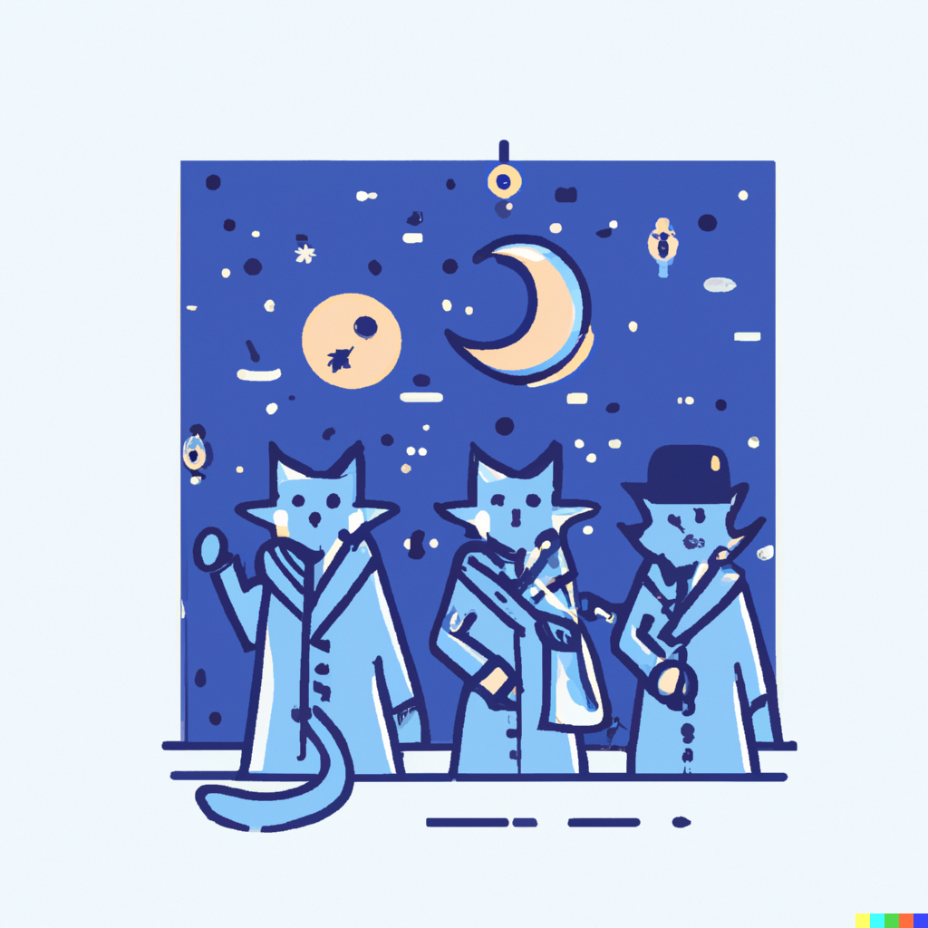 DALL·E 2022-09-01 11.13.17 - three cats in a trenchcoat on a moonlight night modern flat design style illustration with line elements.png 