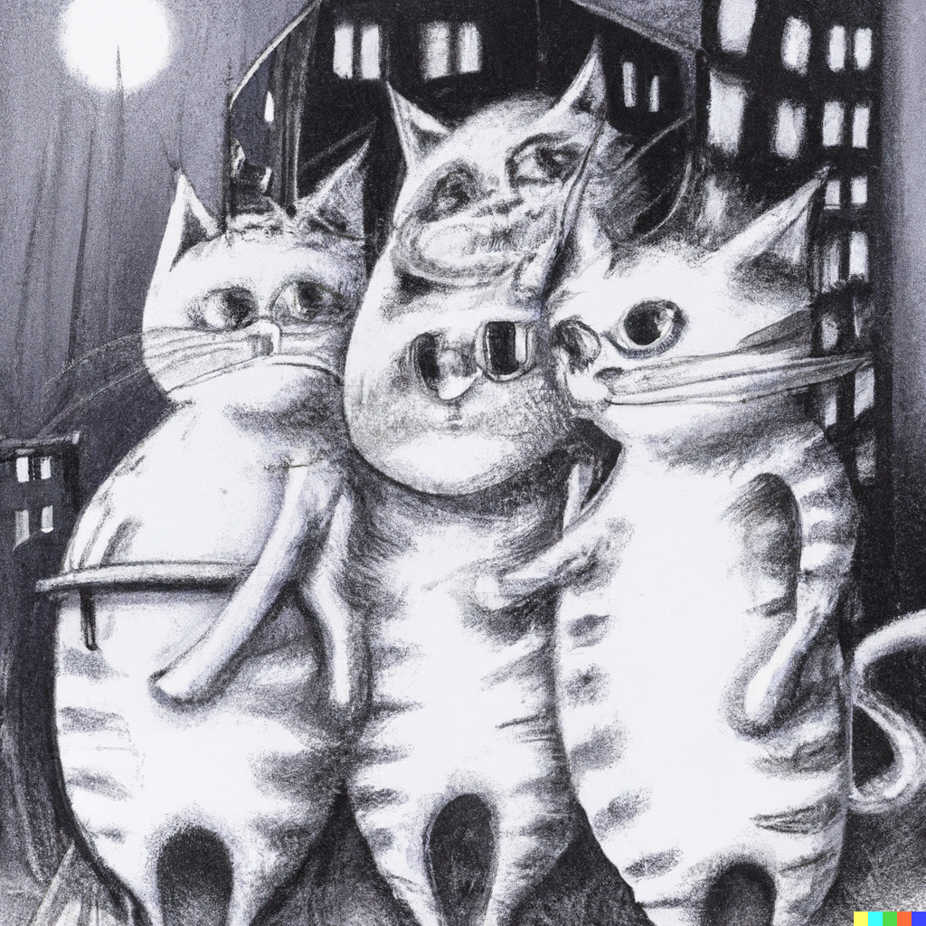 DALL·E 2022-09-01 11.16.08 - three cats sharing a trenchcoat on a moonlight night dramatic lighting cityscape pencil shading.png 